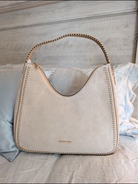Michael Kors Cream Suede Shoulder Bag with Tan Trim
